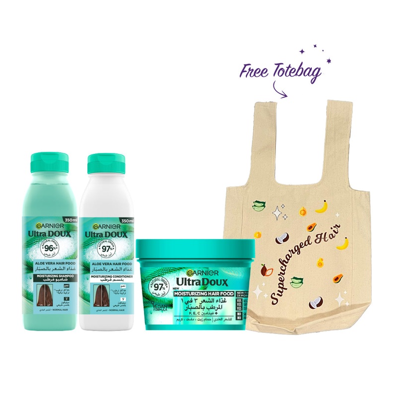 FREE Tote Bag Garnier Ultra Doux Conditioner Hair Food Aloe Vera + Shampoo + Mask