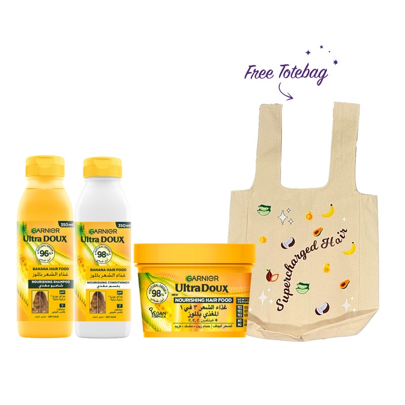FREE Tote Bag Garnier Ultra Doux Conditioner Hair Food Banana + Shampoo + Mask