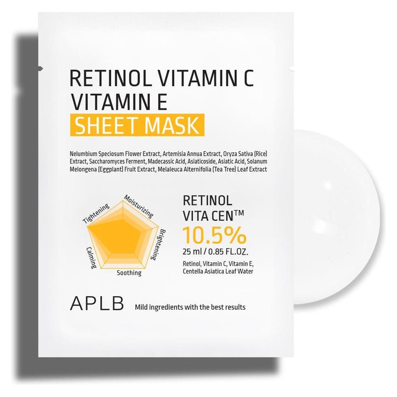 APLB Retinol Vitamin C Vitamin E Sheet Mask  25ml x 10 Count | Brightening & Soothing Care for Sensitive Skin