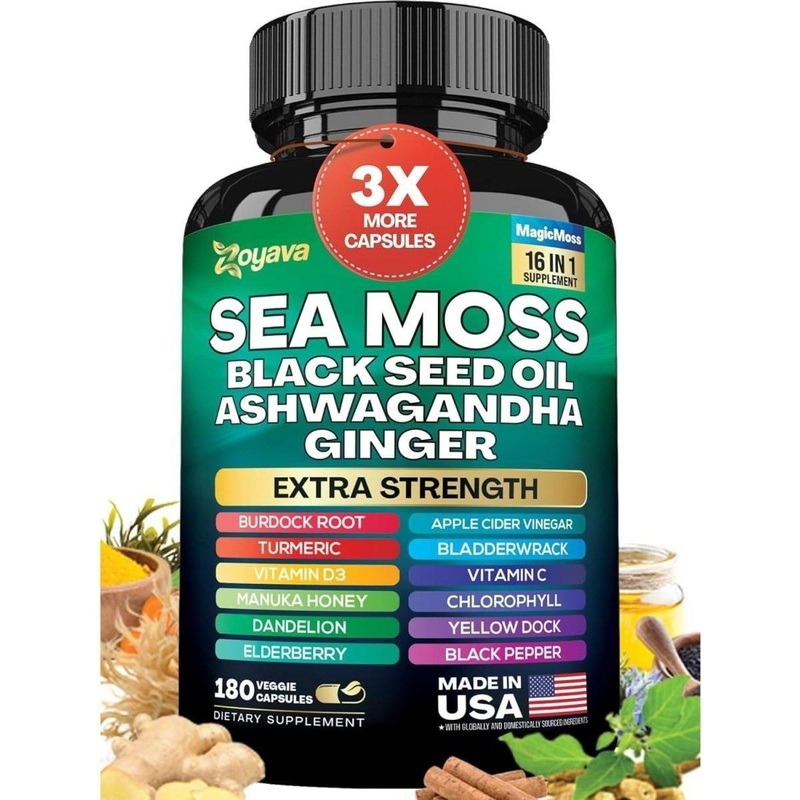Zoyava Sea Moss 7000mg + Black Seed Oil 4000mg + Ashwagandha  180 Capsules | 16-in-1 Superfood Supplement for Overall Wellness 180 Count (Pack Of 1)