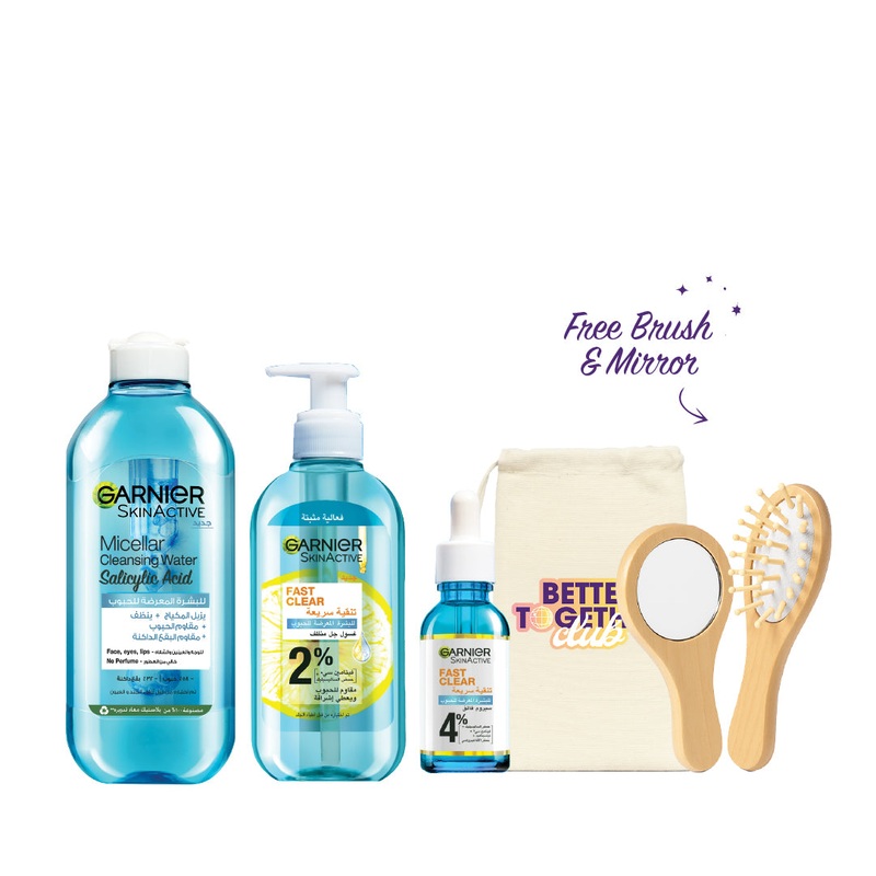 FREE Mirror Brush -15% Garnier FAST CLEAR Bundle – Serum + Micellar Water + Gel Wash