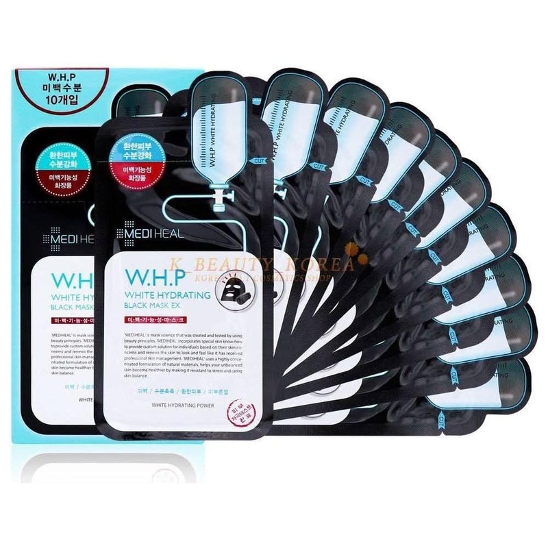 MEDIHEAL W.H.P White Hydrating Black Mask EX  25ml x 10 Pack | Brightening & Moisture-Boosting Sheet Mask