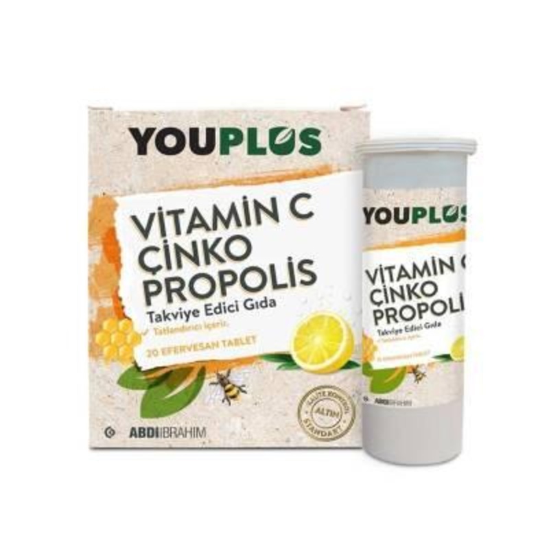 YouPlus Vitamin C Effervescent Tablets with Zinc & Propolis – Immune System Support, Gluten-Free, 20 Tablets