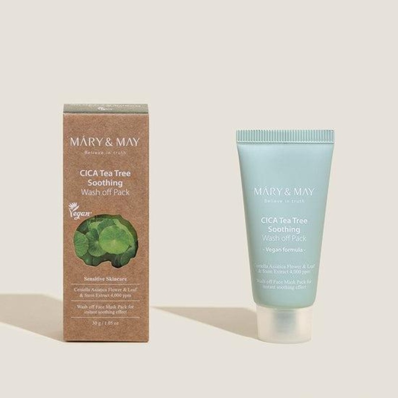 MARY & MAY Vegan CICA Tea Tree Soothing Wash-Off Pack  30g | Calming Clay Mask with Centella, Tea Tree & Houttuynia Extracts